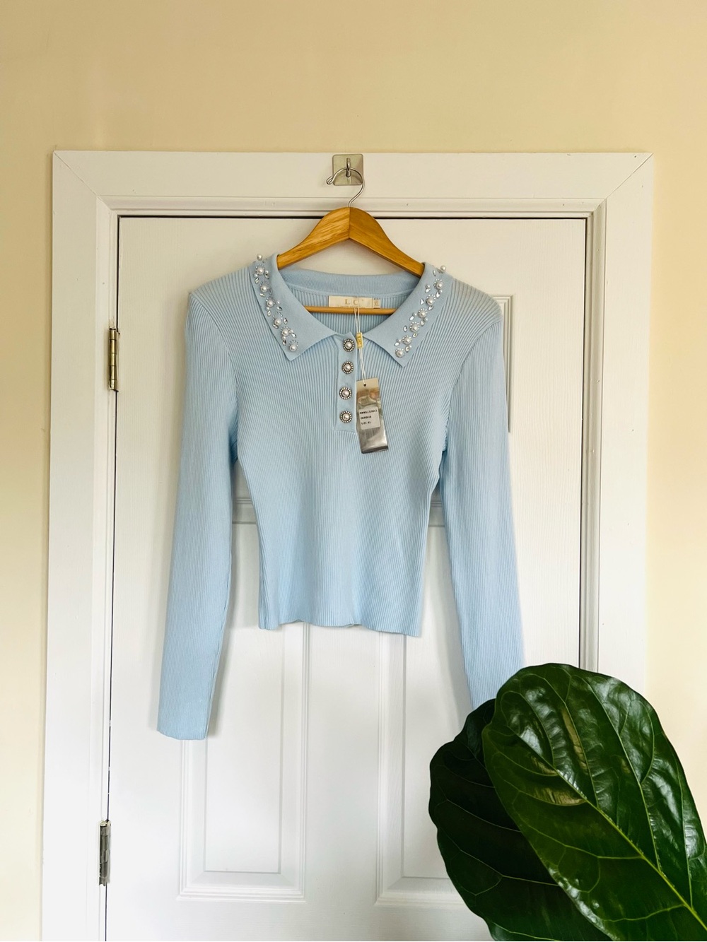 Ribbed Blue Pearl-Collar Top